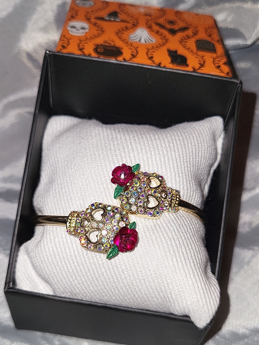 Gold-Tone Crystal Skull Hinged Bracelet with Pink Rose Accent Ta M
